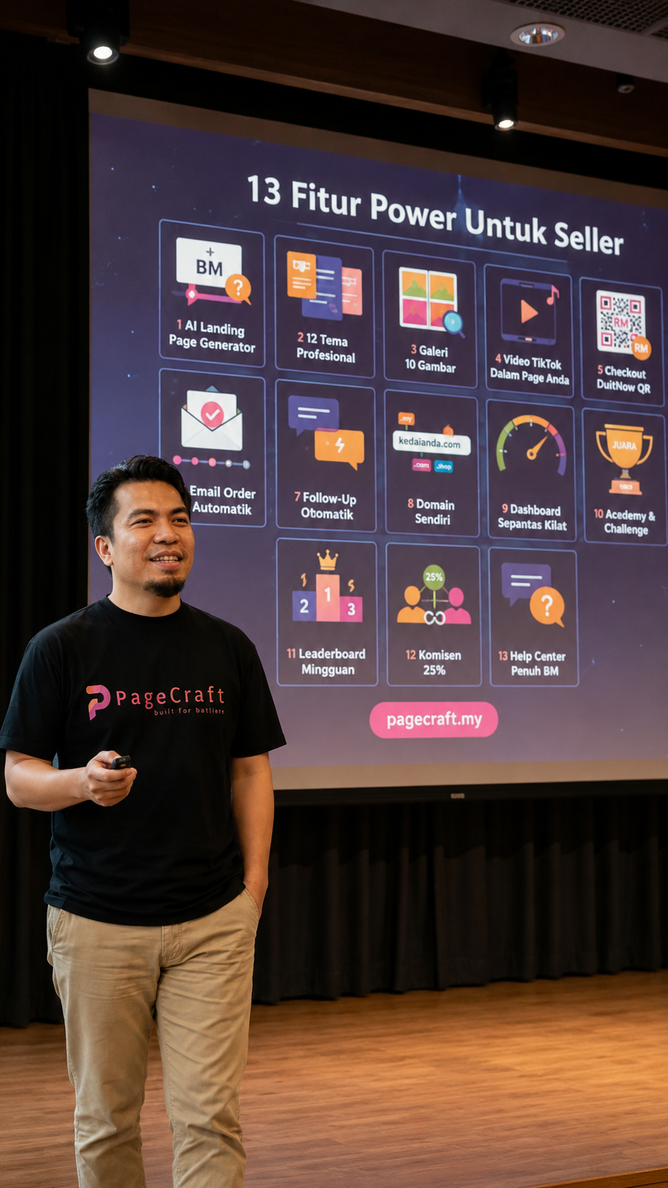 Khai presenting PageCraft on stage